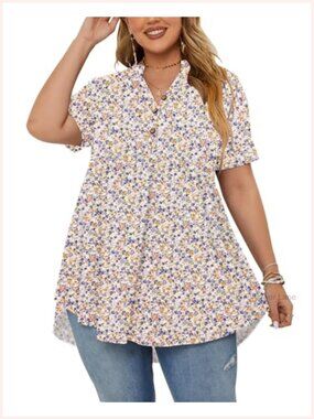 Plus Size Short Sleeve Tunic Top Button V Neck Pleated Flowy Henley Blouse